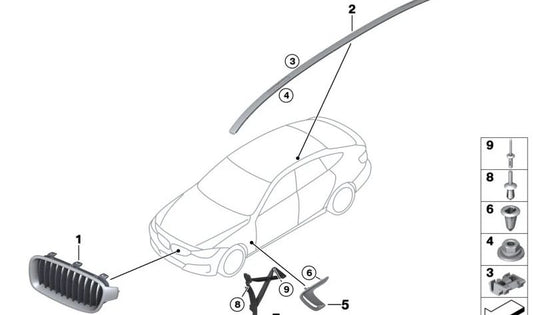 Moldura de techo derecha imprimada OEM 51137372800 para BMW F36 418d. Compatible con modelos con motor N47T y B47U, cambio manual o automático, tracción trasera (2014-2020). Original BMW.