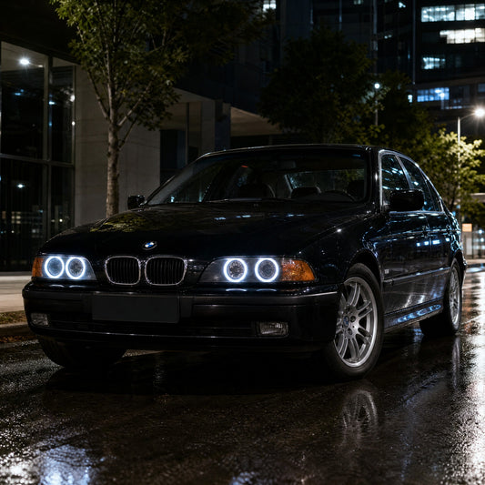 BMW Série 5 E39 berlina preto anterior ao restyling, à noite, com anéis LED de angel eyes brancos, dois por farol