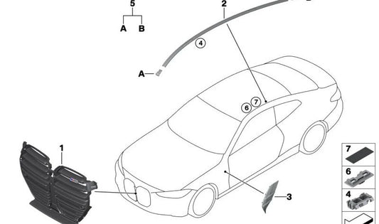 Rejilla de ventilación lateral izquierda OEM 51138076997 para BMW G82 M4. Compatible con modelos: G82 M4 (todos los tipos desde 2020 hasta la actualidad). Pieza original BMW.