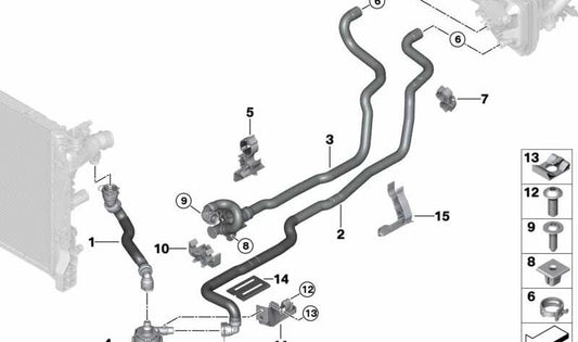 Manguera de refrigerante delantera OEM 64219345338 para BMW G30, G30N, G31, G31N, G14, G15. Original BMW.