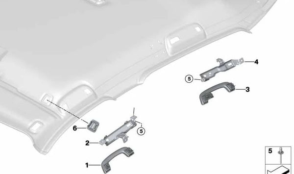 Agarradero trasero derecho color Everestgrau OEM 51167495616 para BMW F20, F21, F30, F31, F10, X5 F15… y más. Original BMW.