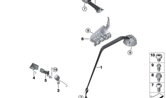 Cinturón trasero exterior OEM 72119493854 para BMW Serie 2 Active Tourer {U06: 216i, 218i, 220i, 218d} (2021-2030). Pieza original BMW.