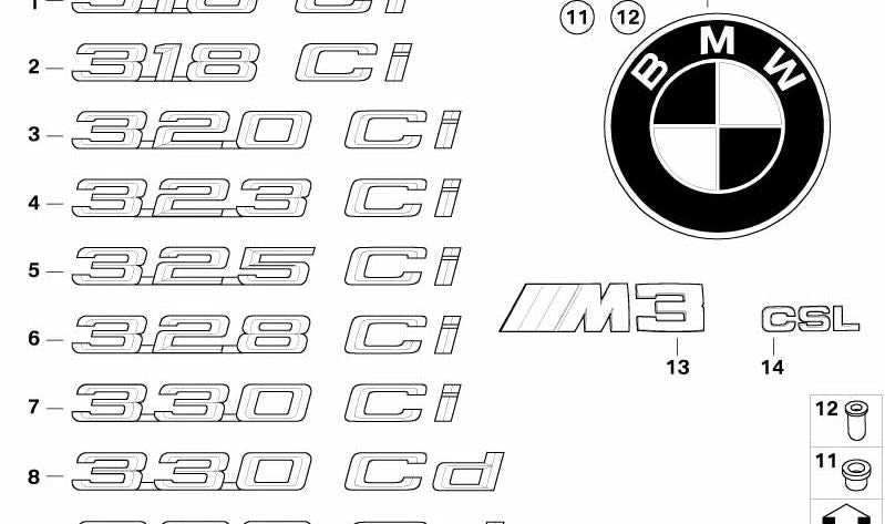OEM adhesive rear emblem 51148240116 for BMW E46 318CI (all compatible models: BD01, BD02, BD91, BD92, BL31, BL32, BL41, BL42, BV71, BV72). Original BMW.