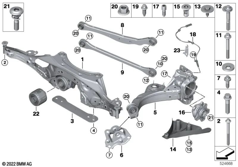 Braccio oscillante inferiore per BMW F40, F70, F44, U06, F39 (OEM 33306895638). BMW originale