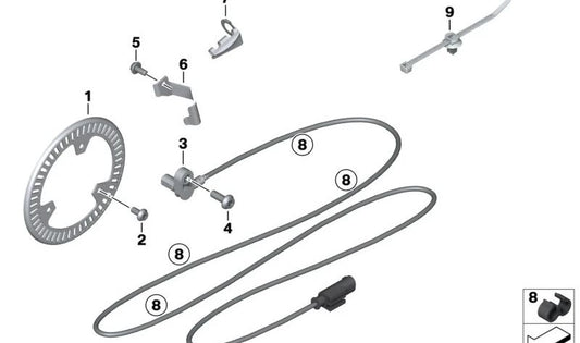 Sensor de revoluciones de rueda trasero OEM 34525A781C5 para motos BMW R1200GS, R1250GS, S1000RR, R nineT... y más. Original BMW Motorrad.