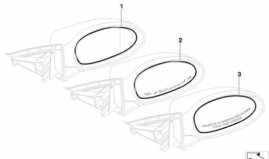 Heated convex right mirror glass OEM 51167144308 for BMW E90, E91, E92, E93. Original BMW.