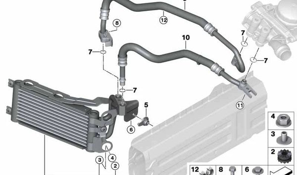 Tubo de retorno del radiador de aceite OEM 17227573274 para BMW E82 (135i, 135is, M Coupé) y E88 (135i). Compatible con motores N54 y N55. Original BMW.