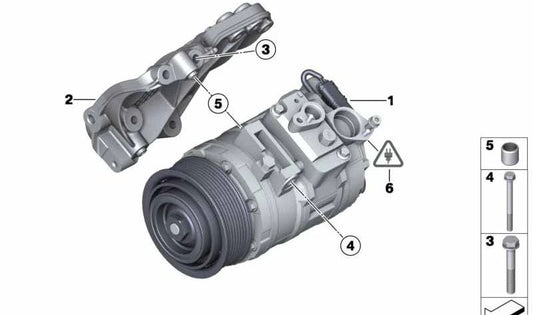 Compresor de aire acondicionado sin embrague OEM 64529396723 para BMW F25 (X3 xDrive35i) y F26 (X4 xDrive35i, M40i). Original BMW.
