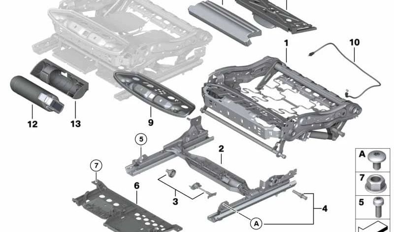 Estructura asiento confort derecha OEM 52107266340 para BMW F10, F11, F01, F02, F04. Recambio original BMW.