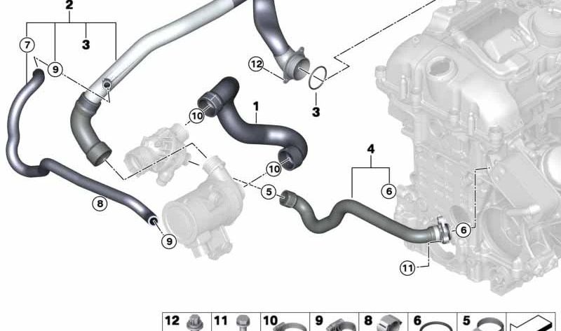 Manguito de refrigerante OEM 11537645833 para BMW F15 y F16. Conduce el agua al intercambiador de calor. Original BMW.