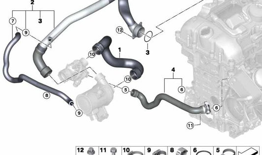 Manguito de refrigerante OEM 11537645833 para BMW F15 y F16. Conduce el agua al intercambiador de calor. Original BMW.