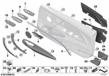 Cubierta de tirador de cierre en cuero derecho para BMW F80, F80N Serie 3, F82, F82N, F83, F83N Serie 4 (OEM 51418057634). Original BMW.