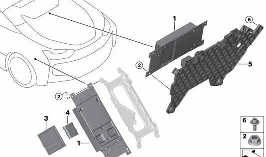 Soporte módulo telemático OEM 65156991992 para BMW I12, I15 (i8 Coupé y Roadster) con tracción total. Modelos de 2018 a 2020. Pieza original BMW.