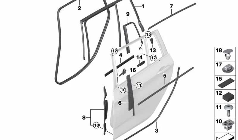 Embellecedor cromado marco ventana puerta trasera derecha OEM 51337326166 para BMW F46, F46N. Original BMW.