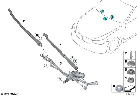 Passenger side wiper arm for BMW G32, G32N (OEM 61619463870). Original BMW.
