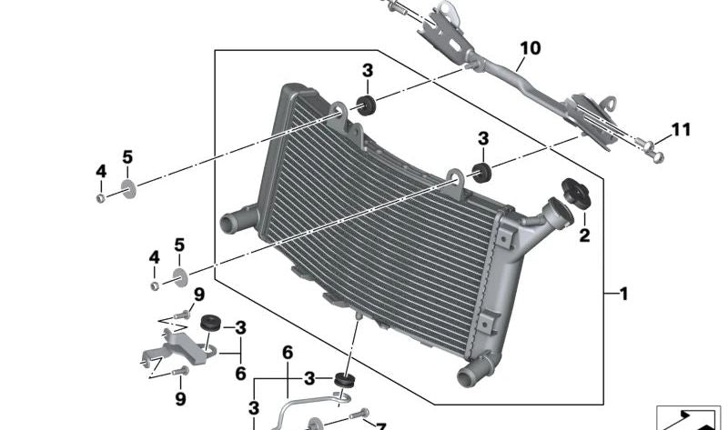 Radiador OEM 17119898404 para BMW Motorrad F 900 R (FK83) y F 900 XR (FK84) producción desde 11/2019 hasta 10/2024. Repuesto original BMW Motorrad.