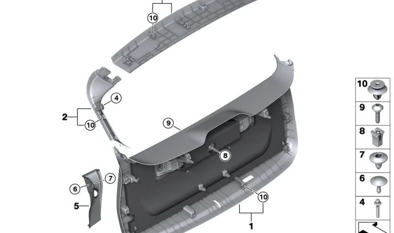 Botón original OEM 51497372929 para BMW {F40, F70, U06, F48, F48N, F49, F49N, U11, U12, F39, U10} y MINI {F60, F60N, U25}. Compatible con molduras de maletero. Original BMW y MINI.