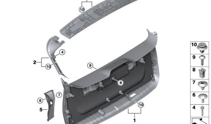 Botón original OEM 51497372929 para BMW {F40, F70, U06, F48, F48N, F49, F49N, U11, U12, F39, U10} y MINI {F60, F60N, U25}. Compatible con molduras de maletero. Original BMW y MINI.