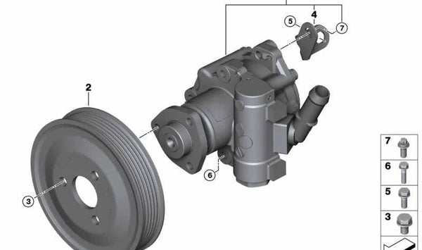 Polea de dirección asistida OEM 32428514565 para BMW E81, E82, E87, E88, E90, E91, E92, E93, E60, E61, E84, E83. Diámetro 125 mm. Original BMW.