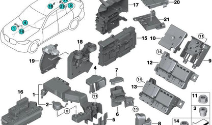 Distribuidor de corriente B+ OEM 61149339834 para BMW G30, G30N, G31, G32, G11, G11N, G12, G12N, G14, G15, G16, G05, G18, F95, G06, F96, G07. Original BMW.