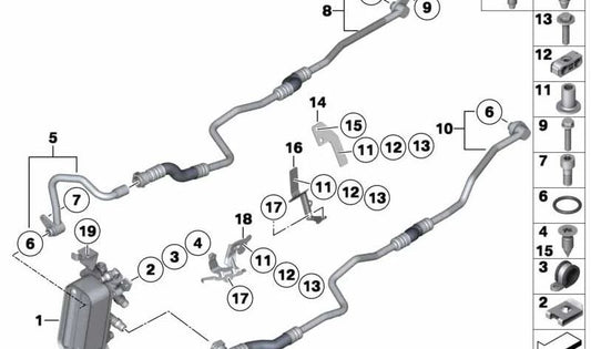 Tubería de retorno del radiador de aceite OEM 17227593143 para BMW F10, F11, F18, F01, F02. Original BMW.