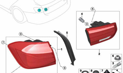 Piloto trasero izquierdo OEM 63217369117 para BMW Serie 3 F30N, F35N, F80N. Luz trasera lateral original BMW. Ideal para reemplazo en vehículos con daño o avería en la óptica trasera izquierda.