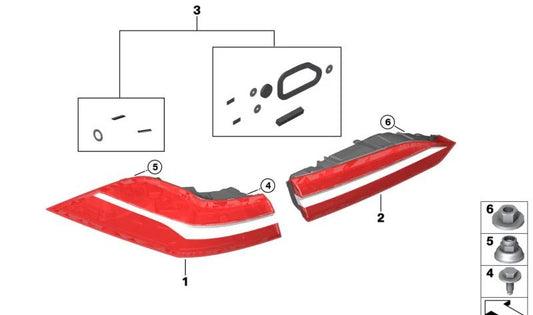 Right Rear Light Gasket Set for BMW G60, G61, G68, G90 (OEM 63215A6A2F2). Original BMW.