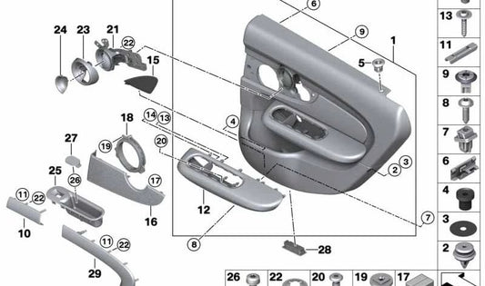 Rejilla altavoz puerta trasera izquierda OEM 51427412177 para MINI F54 (todos los modelos compatibles). Pieza original MINI.