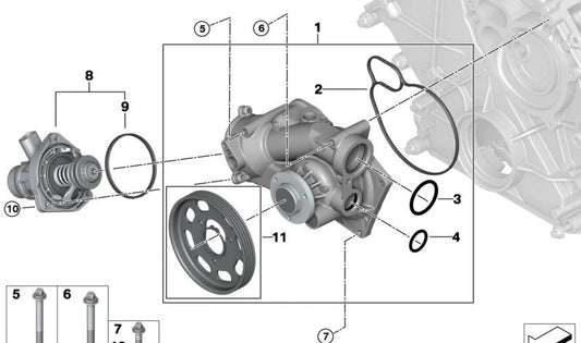 Mechanical Water Pump OEM 11519468284 for BMW (Compatible models: E46, E90, E91, E92, E93, F30, F31, E39, E60, E61, X3 E83, X5 E53). Original BMW.