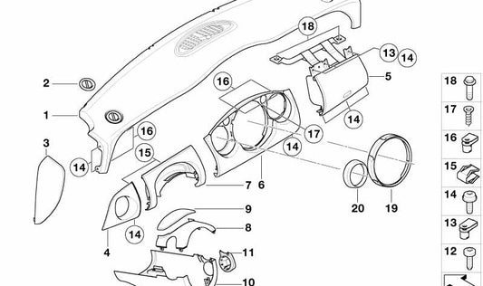 Revestimiento superior del panel de instrumentos Panther Black OEM 51457055523 para MINI R50, R53. Original MINI.