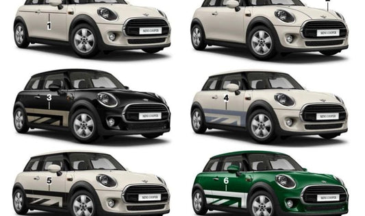 Vinilo lateral exterior color Frozen Blue OEM 51145A0DB89 para MINI F56 (todos los modelos Cooper y variantes 2013-2024), incluyendo versiones con cambio manual y automático. Original MINI.