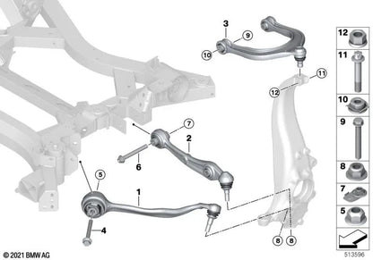 Kontrollarm mit oben links Gummi -Buchse für BMW I I20, X5 G05, G18, X6 G06, X7 G07 (OEM 31106883115). Original BMW