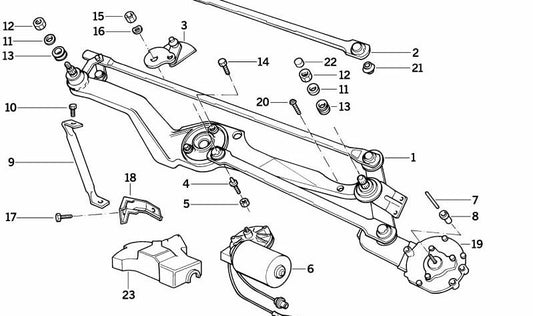 Varilla de transmisión limpiaparabrisas OEM 61611383010 para BMW Serie 8 E31 (850Ci, 850CSi, 840Ci, 840i) con motores M60, M62, M70, M73 y S70. Compatible con versiones automáticas y manuales. Pieza original BMW.