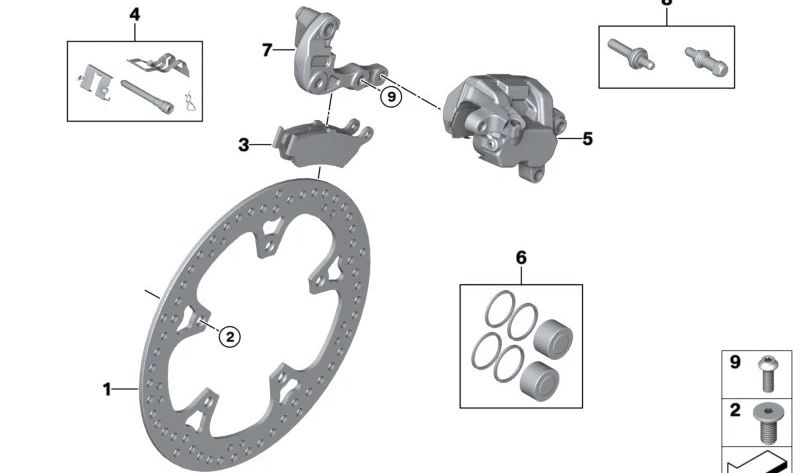 Juego elementos fijación pastillas de freno traseras OEM 34217108471 para motos BMW R1300GS, R1300GS Adventure. Original BMW Motorrad.