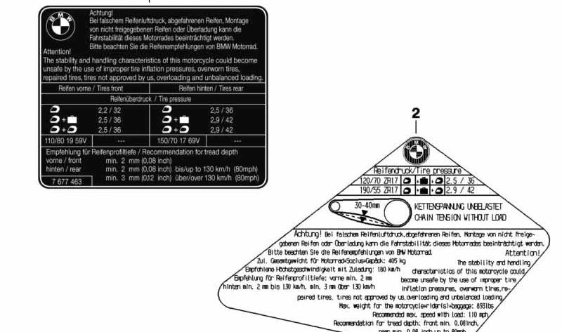 Rotuló indicativo "Neumáticos" OEM 71248354937 para BMW Motorrad F 900 XR, F 900 XR A2. Original BMW Motorrad.