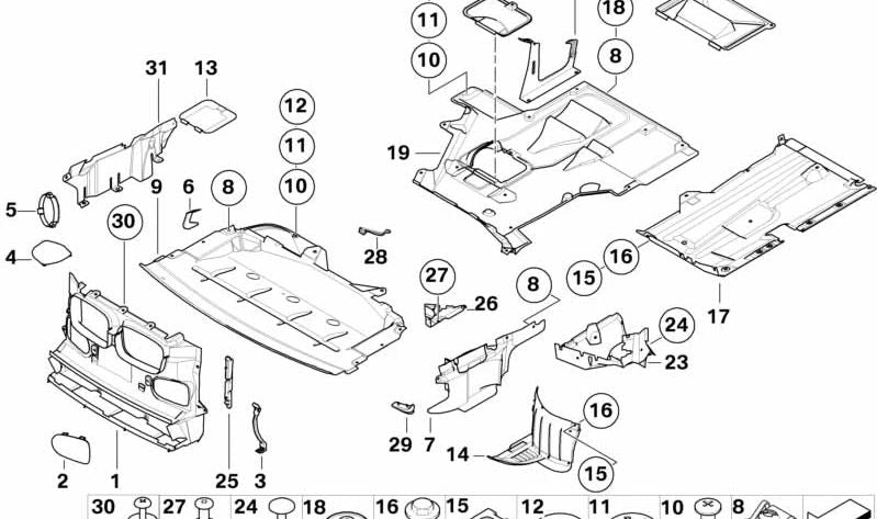 Front engine compartment protection for BMW E39 (OEM 51712695680). Original BMW.