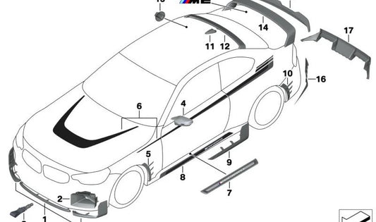 Tapón cubremempejo izquierdo en carbono OEM 51168075065 para BMW G42, G87, G20, G21, G80. Compatible con modelos M240i xDrive, M2, M340i/M340d xDrive, M3. Pieza original BMW.