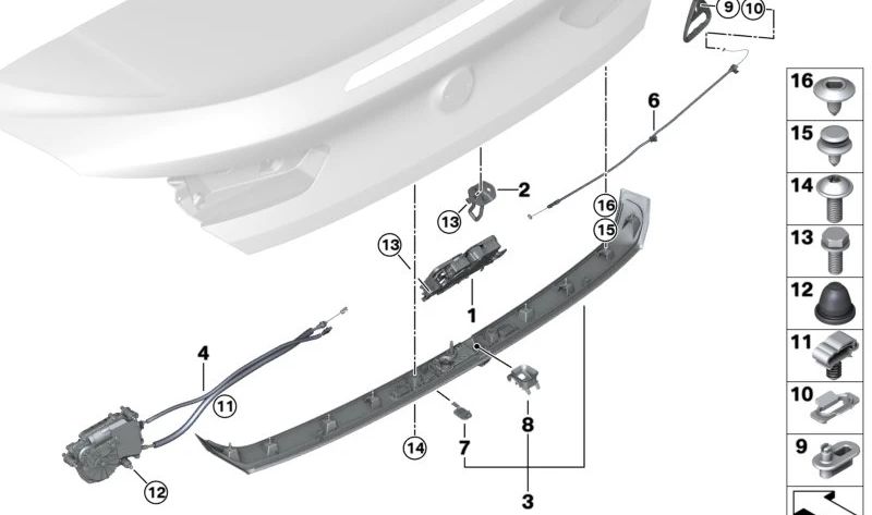 Tornillo de cabeza redonda OEM 07146956679 para BMW E88, E93, F91, F92, F93, G14, G15, G16, G29. Uso en cierre y embellecedores de maletero. Original BMW.