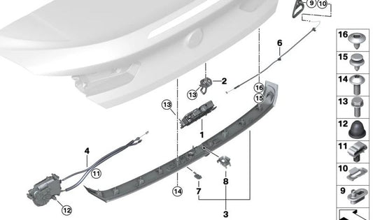 Tornillo de cabeza redonda OEM 07146956679 para BMW E88, E93, F91, F92, F93, G14, G15, G16, G29. Uso en cierre y embellecedores de maletero. Original BMW.