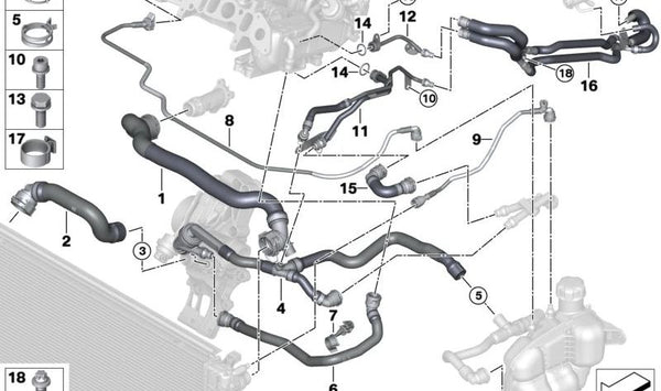 Manguera del radiador OEM 17128580476 para BMW F40, F44, F45, F46, X1, X2 y MINI F54, F55, F56, F57, F60… y más. Original BMW y MINI.