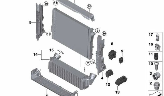 Intercooler OEM 17518570448 para BMW F15 y F16. Pieza original BMW. Ideal para mejorar el rendimiento del sistema de admisión de aire en tu vehículo.