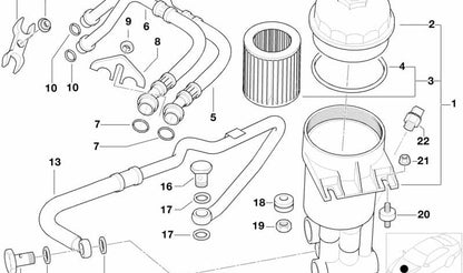 Pasamuros de goma OEM 11421742593 para BMW E39, E38, E65, E66, E31. Pieza original BMW utilizada en sistemas de filtro de aceite, líneas de aceite y calefacción auxiliar.
