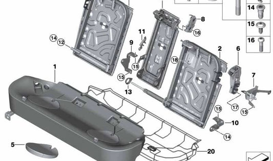 Soporte central respaldo asiento trasero OEM 52207418942 para BMW X5 F15, F85 y BMW X6 F16, F86. Pieza original BMW.