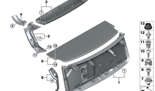 Revestimiento interior derecho del portón trasero OEM 51499451798 para BMW X5 (G05), X6 (G06), XM (G09). Pieza original BMW.