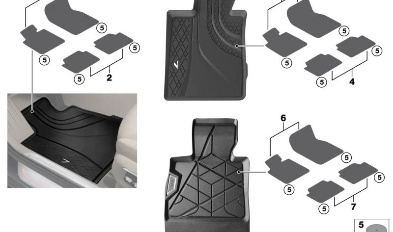 Alfombrillas de goma delanteras RHD OEM 51472444035 para BMW Serie 7 G11 y G12. Compatibles con modelos 725d, 730d, 730i, 740d xDrive, entre otros. Original BMW.