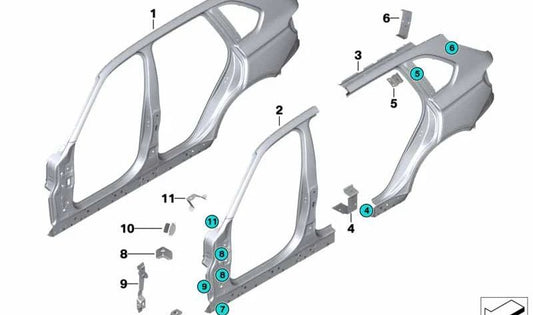 Left sill reinforcement plate for BMW X5 F15, F85, X6 F16, F86 (OEM 41217374407). Original BMW