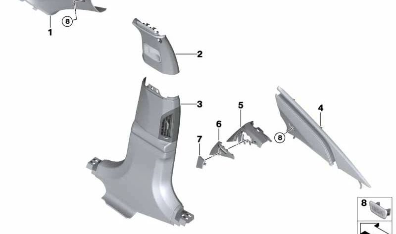 Moldura superior derecha Pilar B en Alcántara OEM 51437989466 para BMW G11, G11N, G12, G12N. Acabado en color caramelo. Recambio original BMW.