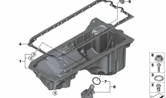 Cárter de aceite OEM 11137559857 para BMW E60 (520i, 525i, 530i), E61 (520i, 525i, 530i). Original BMW.