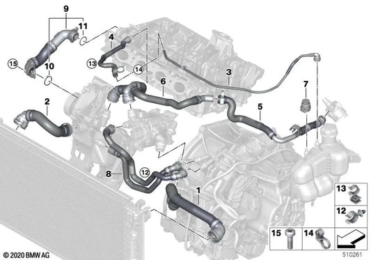 Mangueira do tanque de expansão-cabeçote do cilindro para BMW Série 1 F40, F52, Série 2 F44, F45N, F46, F46N, X1 F48, F48N, F49N, X2 F39, MINI F54, F54N, F55, F55N, F56, F56N, F57, F57N, F60, F60N (OEM 17128658484). BMW original