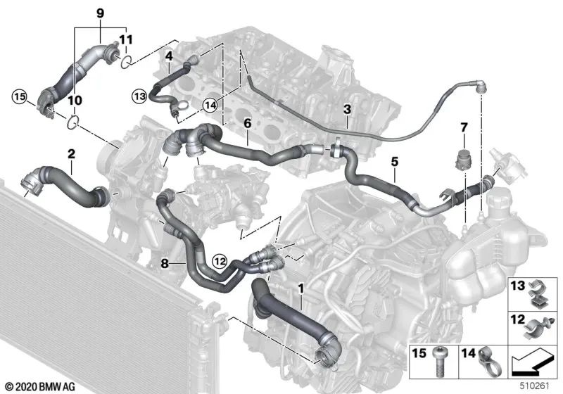 Upper Radiator Hose-Thermostat for BMW 1 Series F40, F52 2 Series F44, F45N, F46N X1 F48, F48N, F49N X2 F39 (OEM 17128658482). Original BMW.